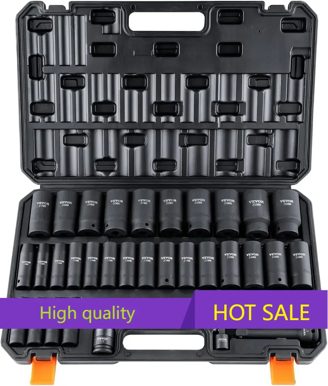 

1/2" Drive Impact Socket Set, 34 Piece Socket Set Metric 8-36mm, 6 Point Cr-MO Alloy Steel for Auto Repair, Rugged Construction