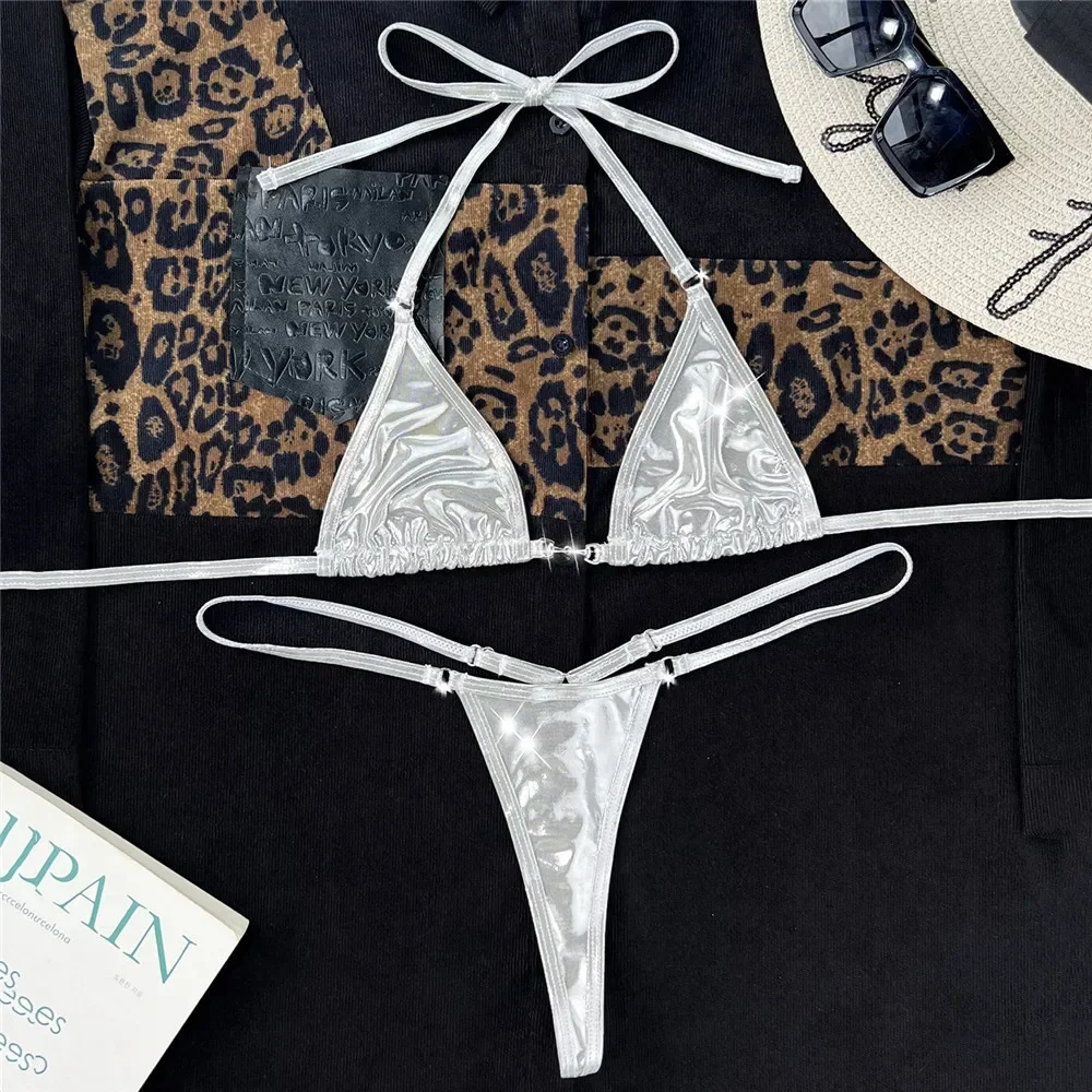 Shiny Silver Triangle String Micro Thong Bikini Mujer Halter Swimwear Mini Sexy Swimsuit Women 2024 Bikinis Sets Bathing Suit