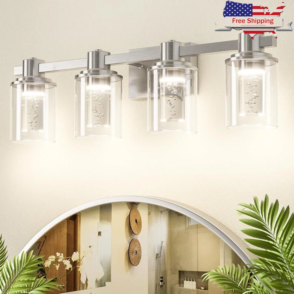 

4-Light Dimmable Bathroom Vanity Light Fixtures with 5 Color Modes Modern Over Mirror LED Lighting Clear Glass Shades Energy