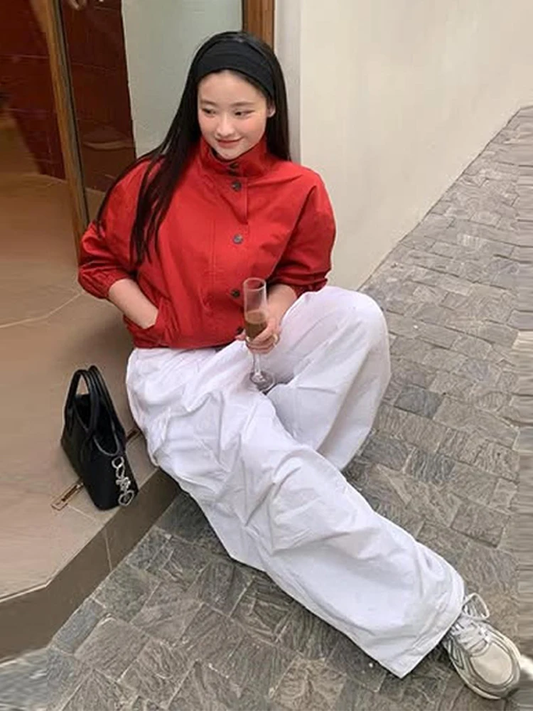 

Vintage Red Bomber Jacket Women Loose Stand Collar Full Sleeve Zipper Jackets Female Fashion Autumn Winter Casual Streetwears