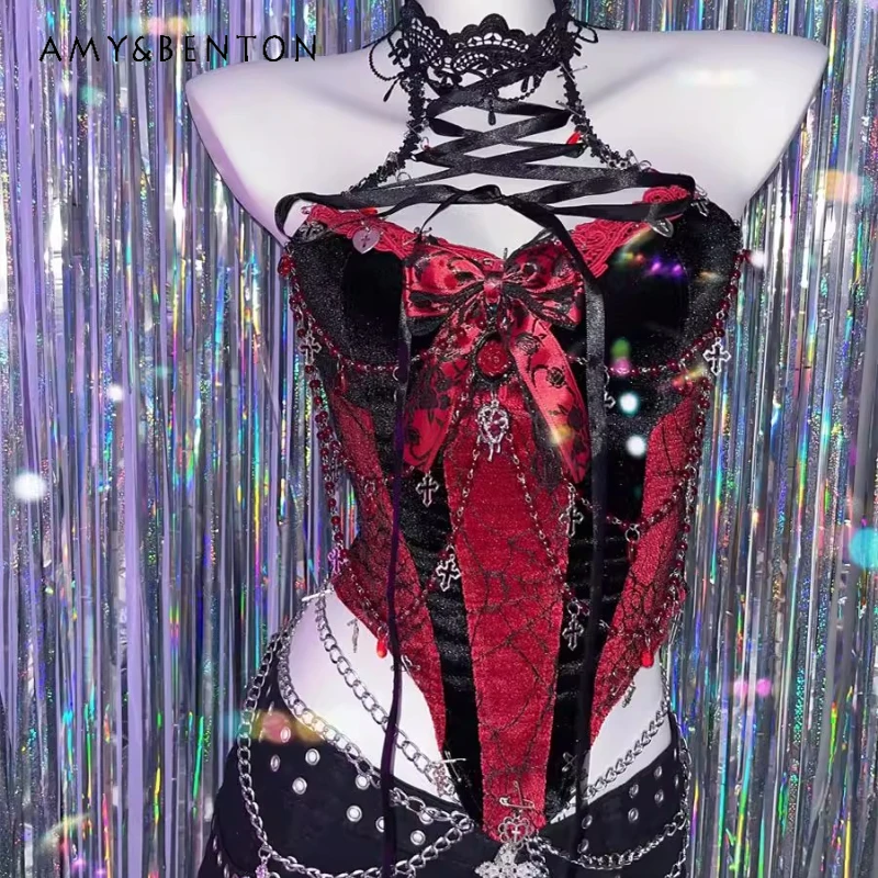 

Original Design Red Black Velvet Halter Women's Camisole European American Summer New Sexy Punk Gothic Y2K Hot Girl Vest Ladies