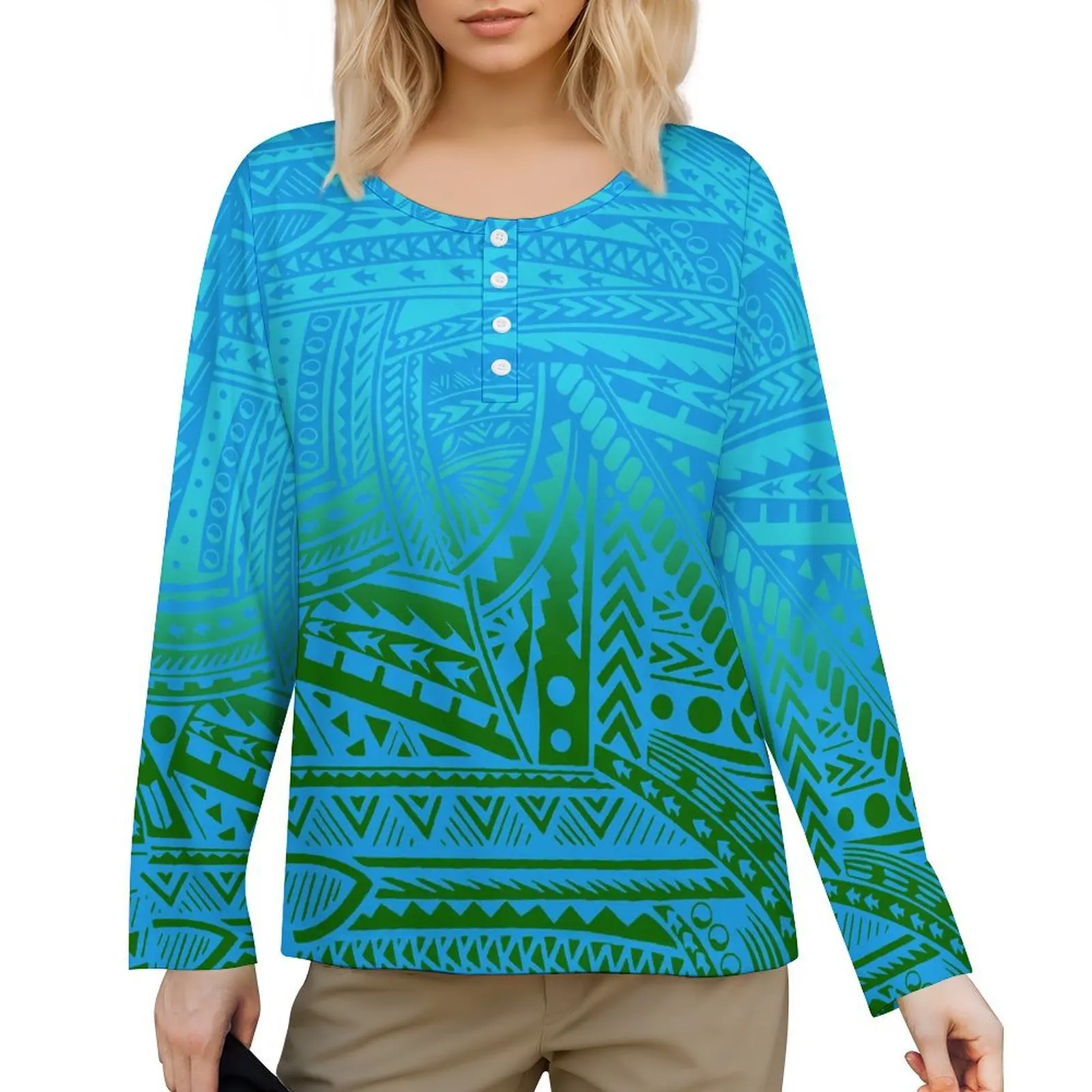 Breasted Design Classic Round Neck Long Sleeve Ladies Polynesian Vintage Print Custom Generous Casual Everyday Women'S Top