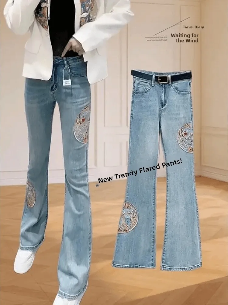 

Новые китайские облегающие синие джинсы с высокой талией и вышивкой, женские осенние длинные брюки больших размеров, боди a
