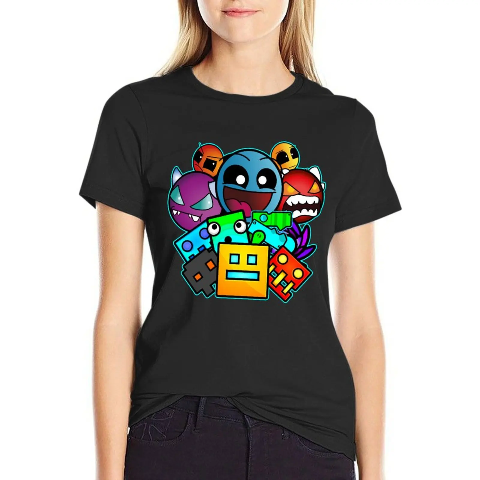 geometry dash old school gaming T-Shirt cute tops Aesthetic clothing oversized Summer Women's clothing