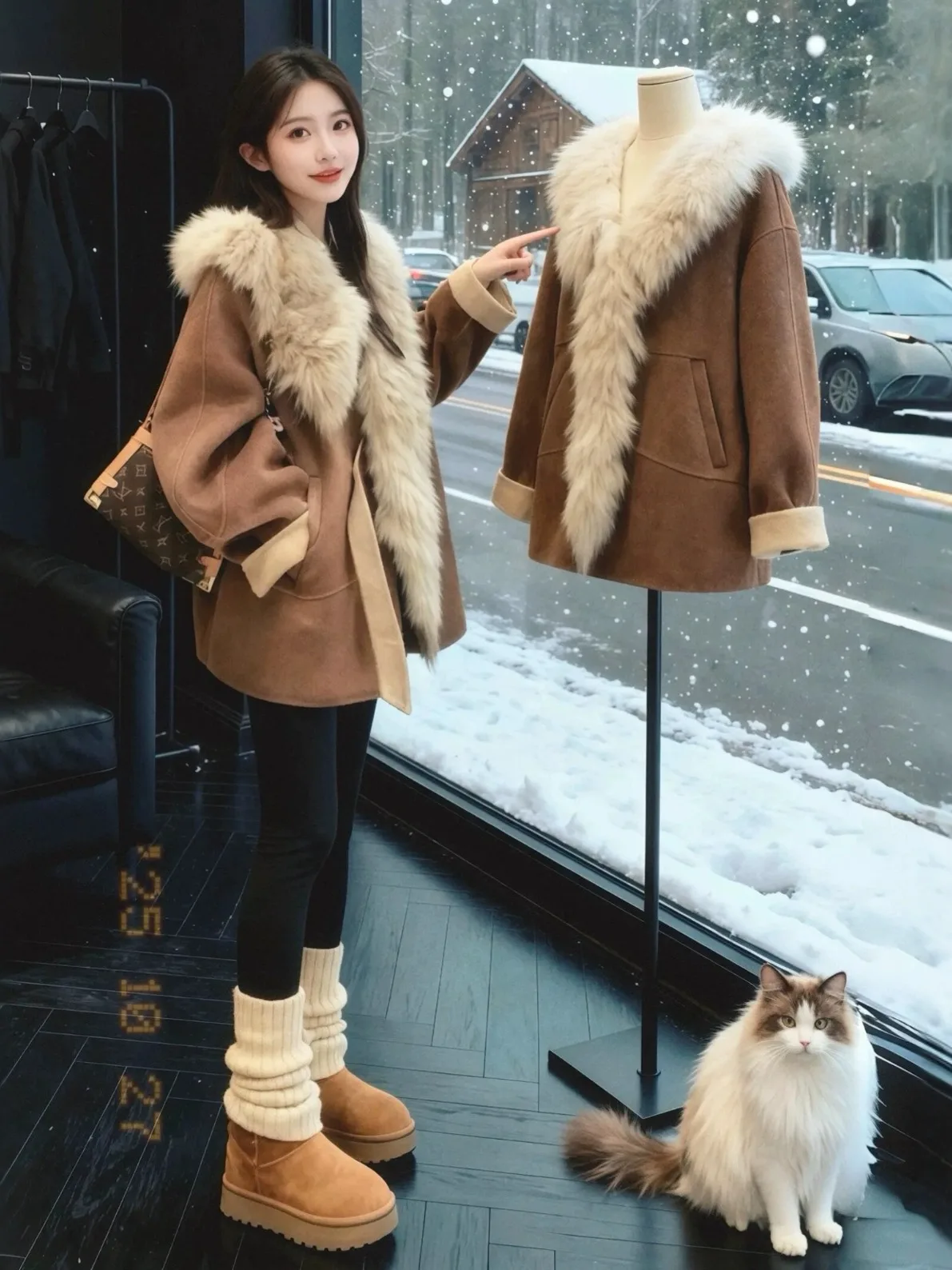 

Caramel Large Fur Collar Woolen Coat Women Winter plus Size Loose Korean Sle High Warmth Woolen Coat V-Ne Long Sve