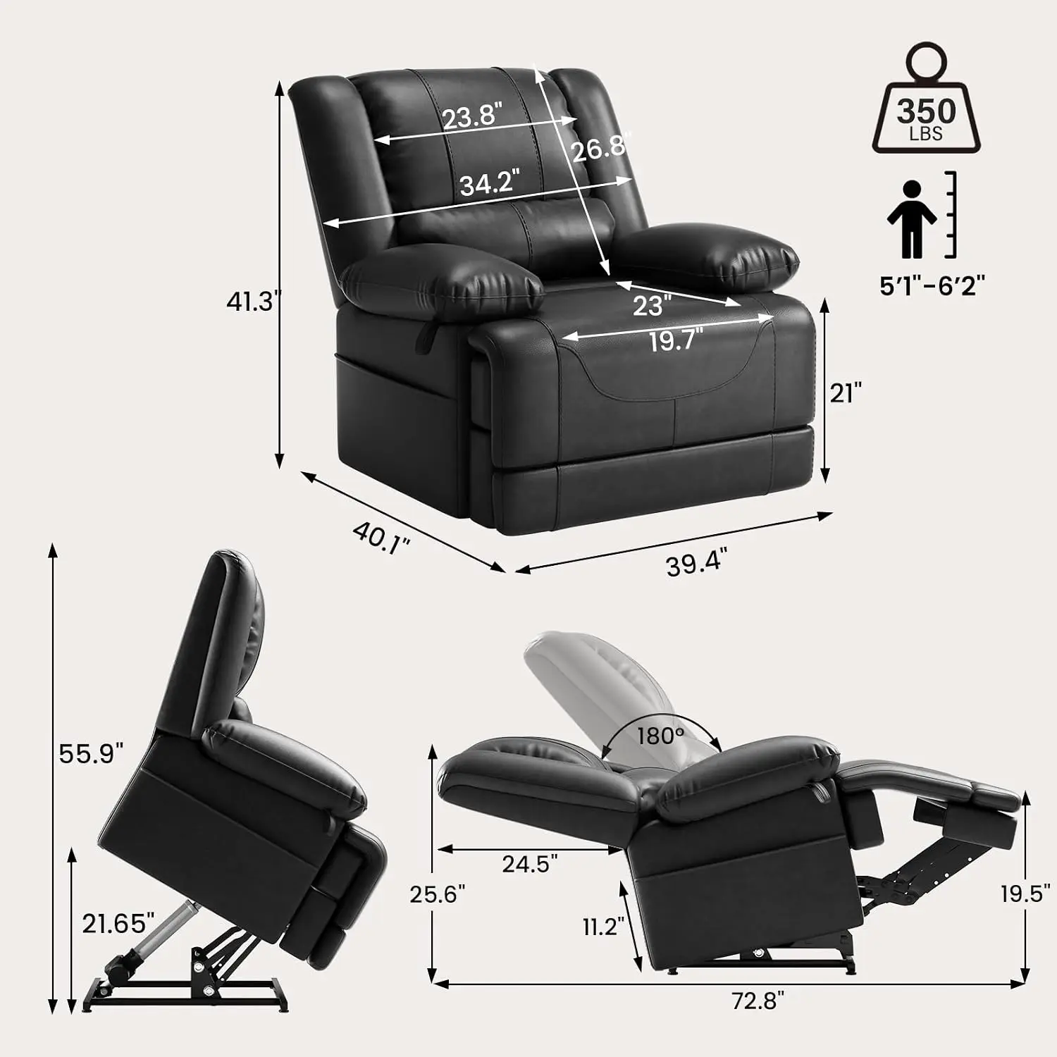 Dual Motor Power Lift Recliner Chair Faux Leather Massage Heat Infinite Position USB Ports Remote Control, Customized
