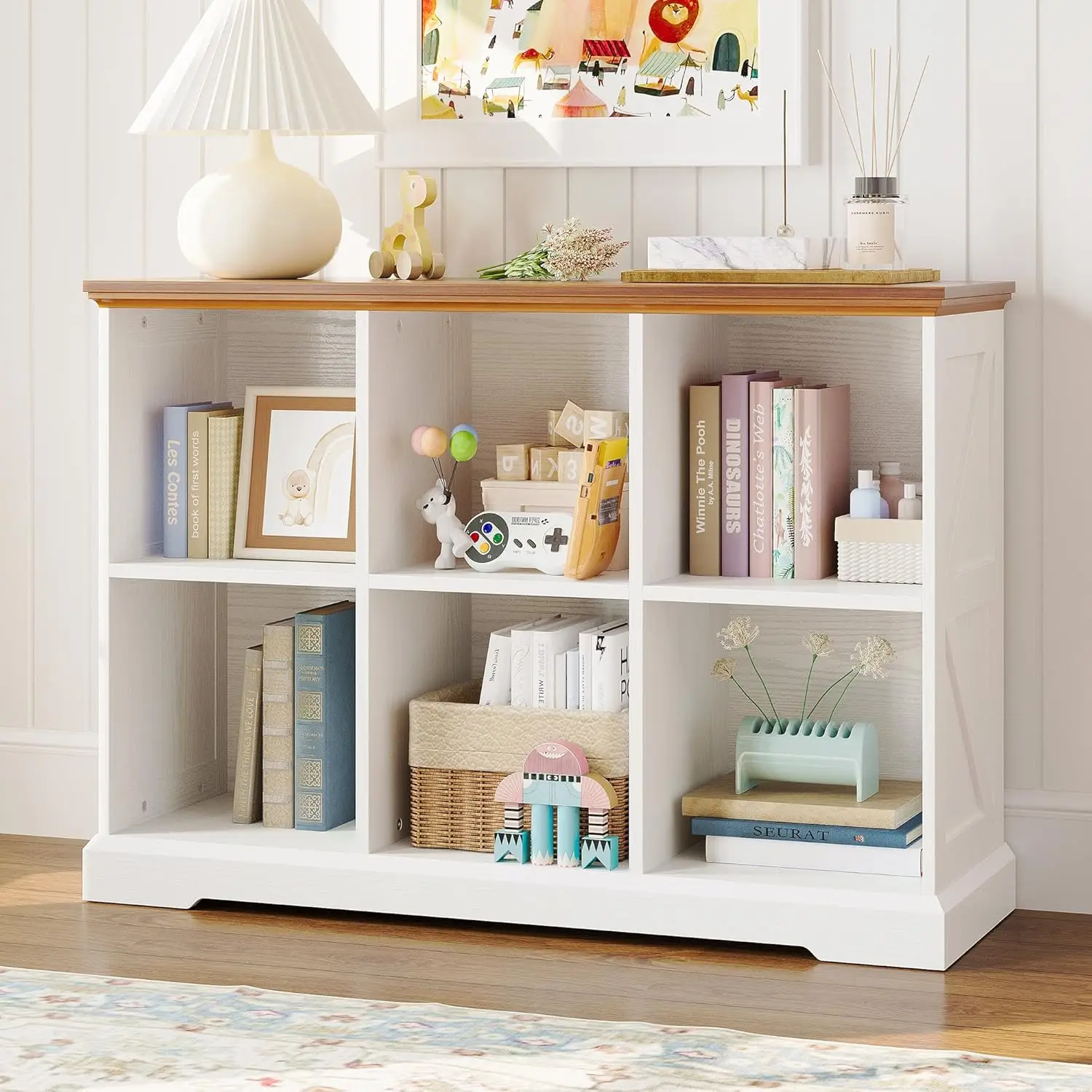 

6-Cube Wooden Storage Shelf, Farmhouse Bookcase for Bedroom, Living Room, Home Office in White