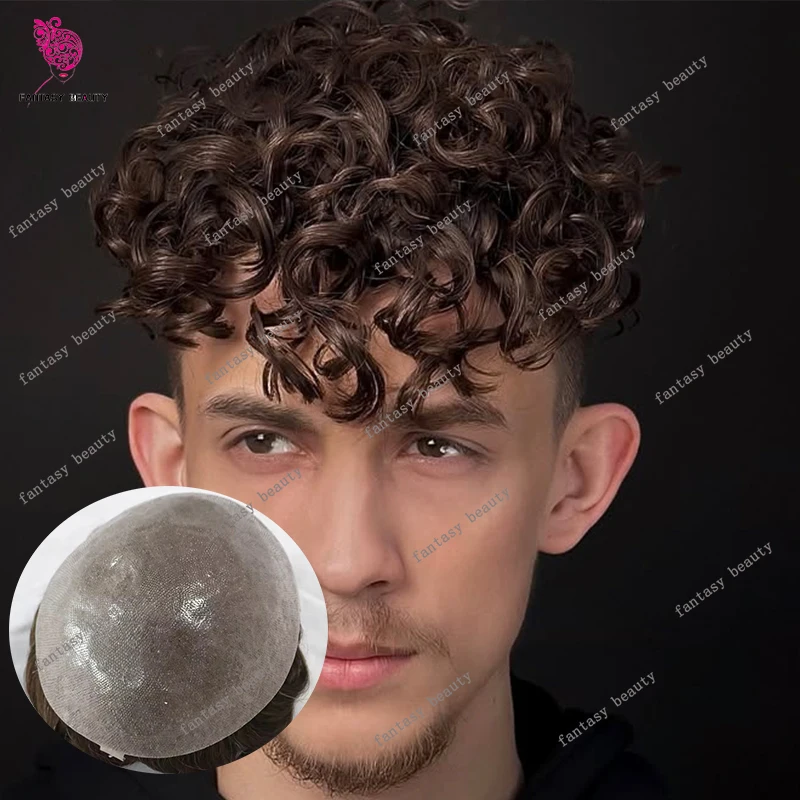 

18mm Curl Undetectable Durable 0.06mm Thin Skin Full Vlooped Toupee Ash Brown Blonde Afro Curly Man European Human Hair Prosthes