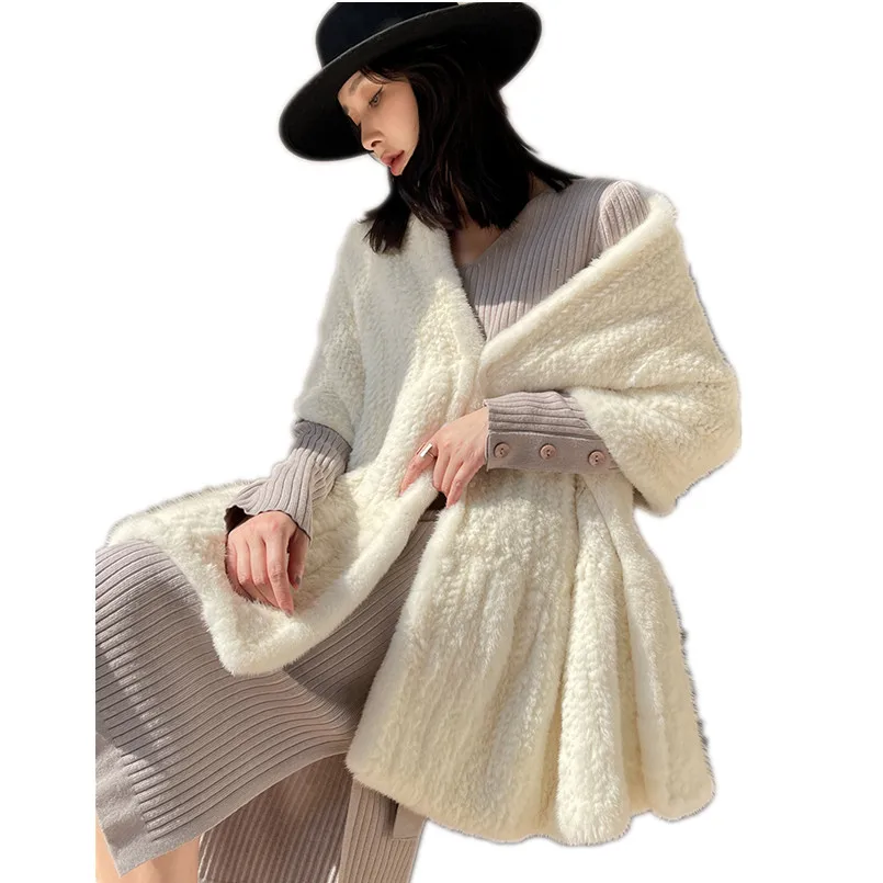 Long Wide Winter Real Mink Fur Scarf Warm Knitted Women Wraps Knitted White  Cape  Shawl Fashion Neck Warmer