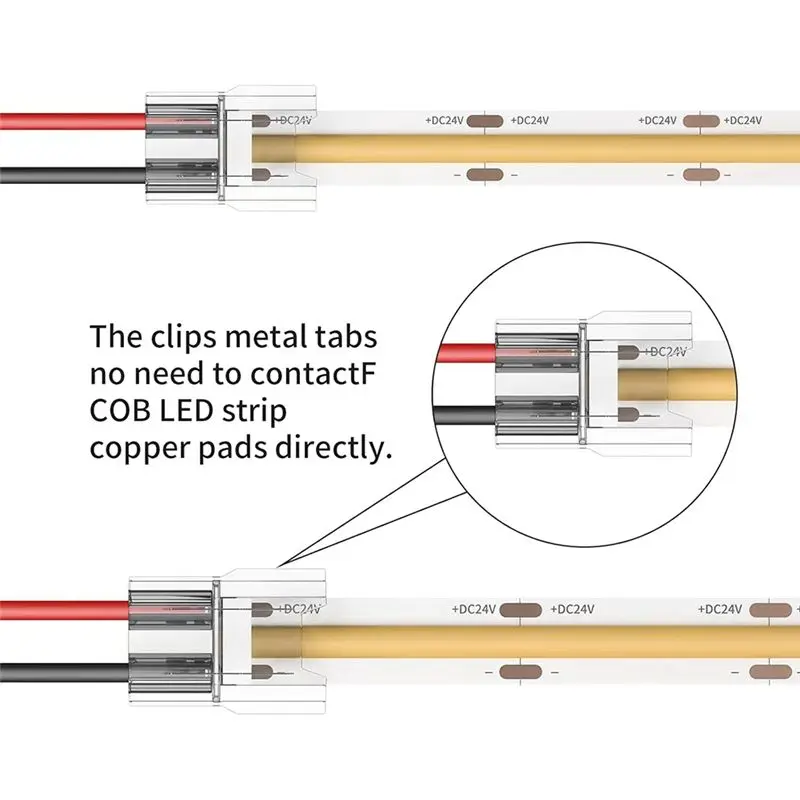 DT19 20pcs LED Light Strip Connectors, 2Pin 8mm Solderless Strip to Wire Connector, Transparent No Dark Area, for COB SMD 2835
