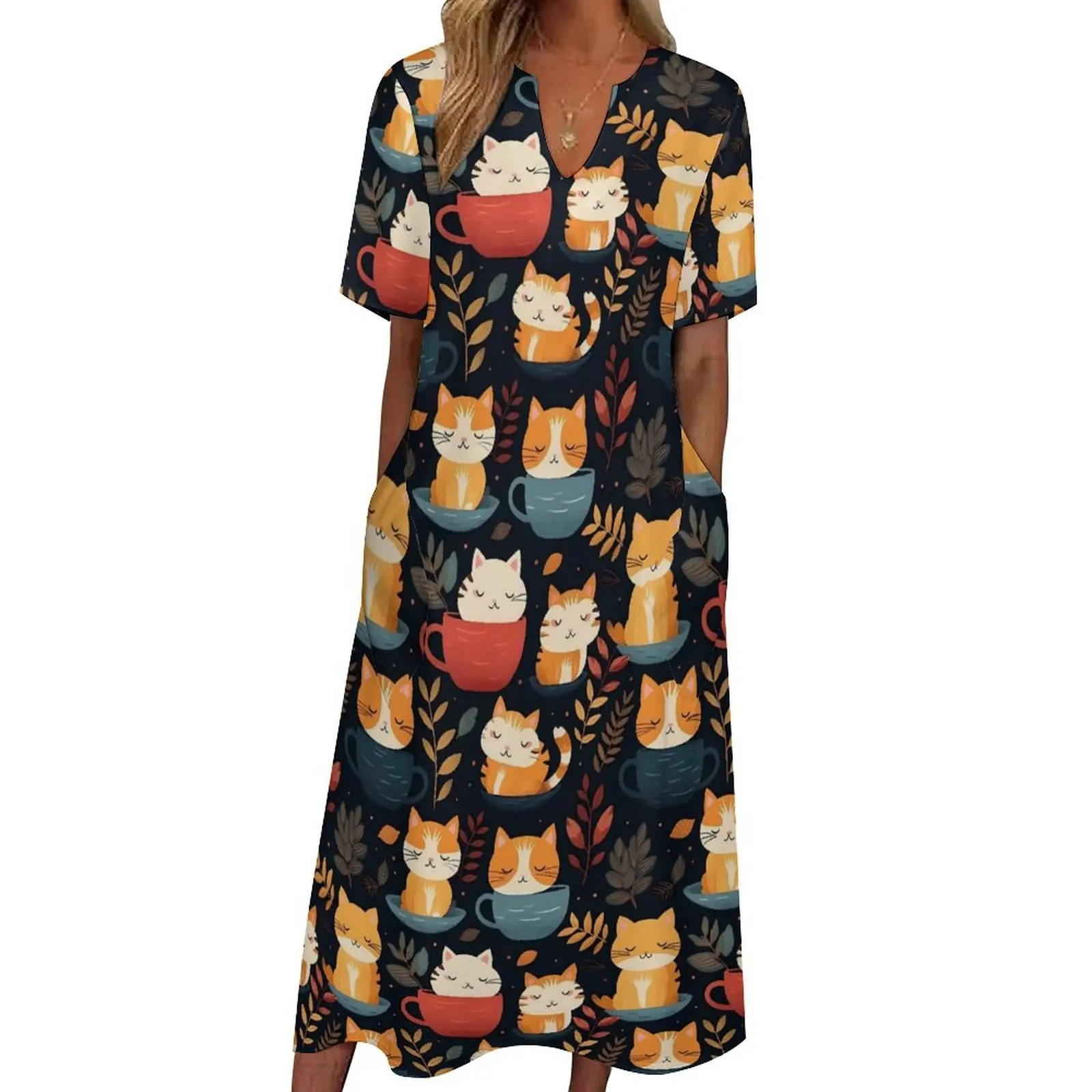 

Magic Cats In Mugs Dress Summer Cute Animal Street Wear Bohemia Long Dresses Woman Pattern Vintage Maxi Dress Large Size