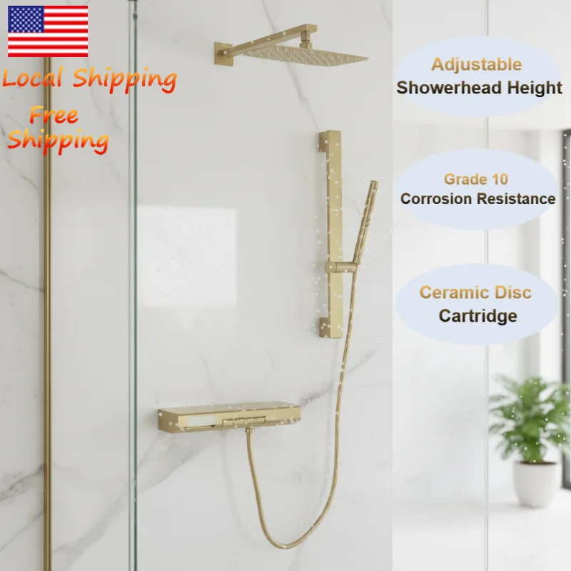 

Набор душевой системы с дождевой системой, матовое золото, 12-дюймовая насадка для дождевого душа с ручным распылителем высокого давления, твердый латунный клапан, простая установка