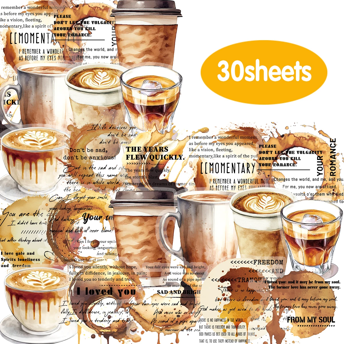 30sheets Black Tea Latte Label Pattern Stickers Suitable for Laptops, Water Bottles, Suitcases and Cell Phones, Cafes, Pen Bags