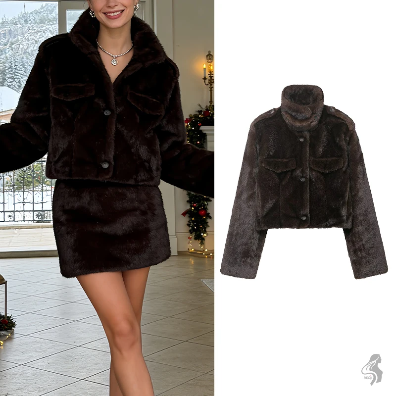 

Plush High Neck Cropped Jacket For Women With Epaulet Pockets Autumn And Winter Light Luxury Cool Commuter Jacket Woman Clothes