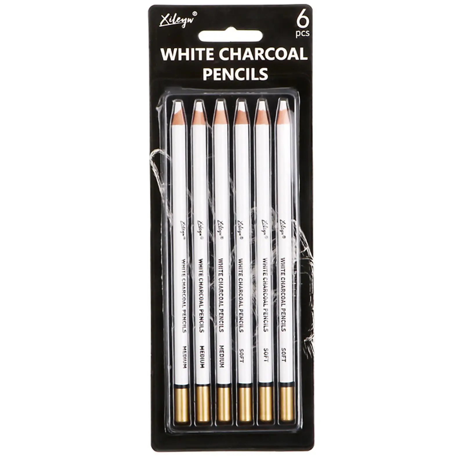 6pcs White Charcoal Pencils Set Wooden Thick Highlight Drawing Pen for Colored Paper and Woodworking