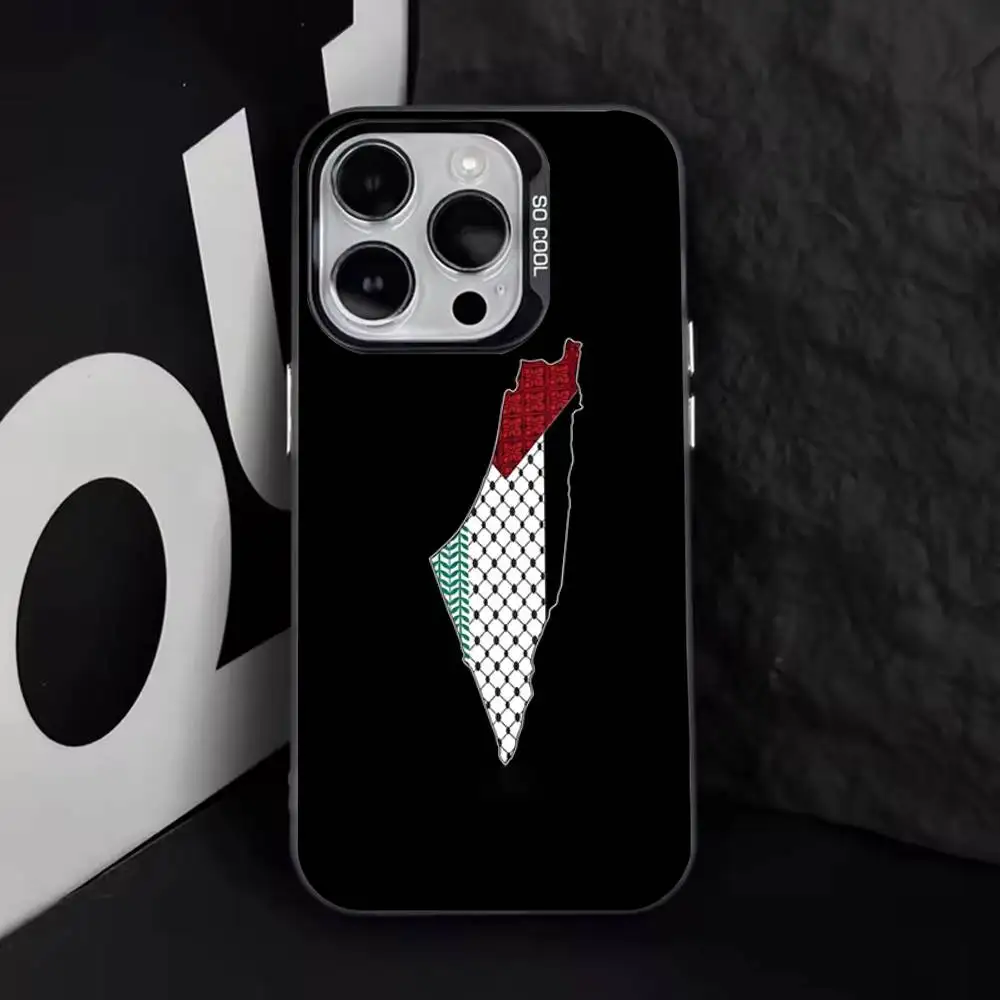 حافظة هاتف P-Palestine-es-F-Flag MAP لهاتف iPhone 16,15,14,13,12,11,8,7,Pro,Max,Plus,Mini,XS,SE مضادة للسقوط باللون الأسود غير اللامع
