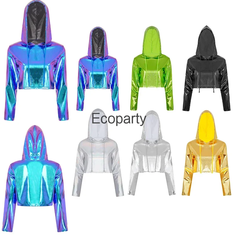 Women Sexy Cropped Holographic Hoodies Shiny PU Metallic Hoody Long Sleeve Short Sweatshirt with Drawstring Pullovers Streetwear