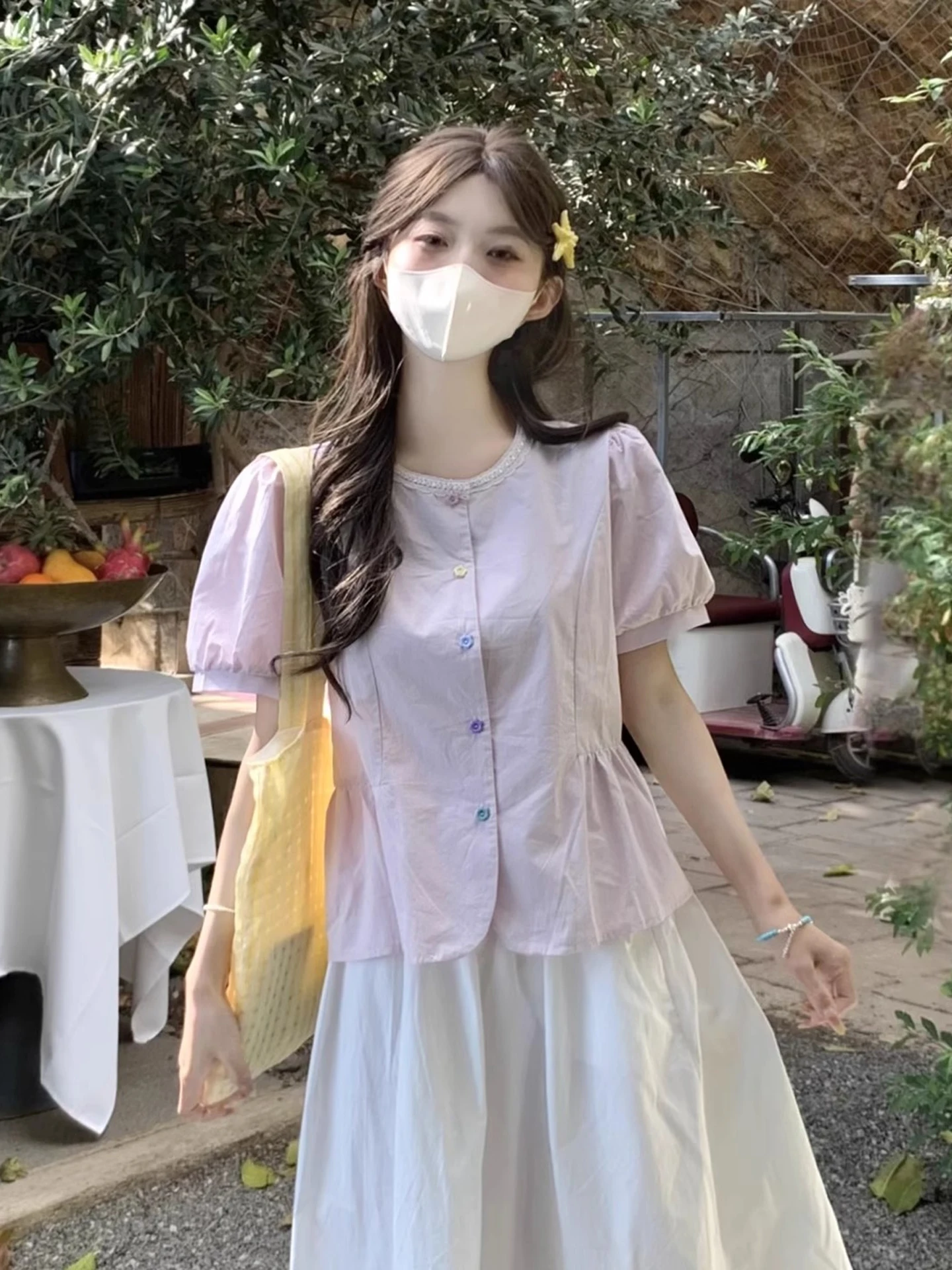 

Уникальная фиолетовая хлопково-льняная рубашка с рукавами-фонариками для женщин, летняя короткая рубашка-бэбидолл, дышащая, в корейском стиле, с круглым вырезом, повседневная