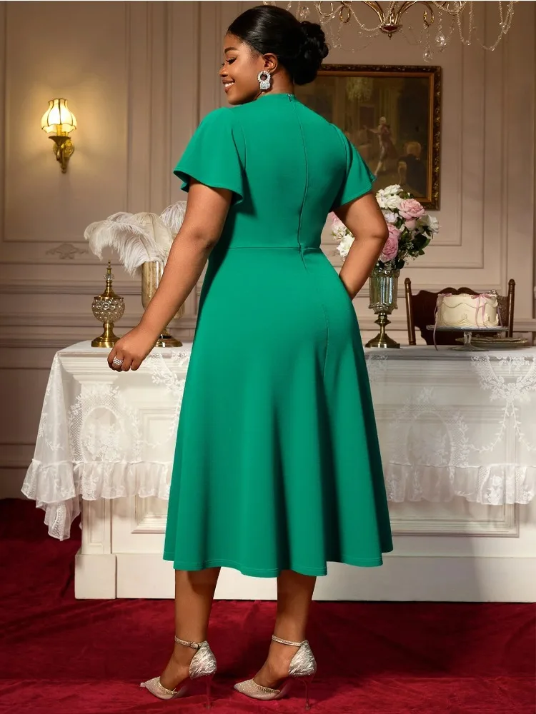 

Flowy Ruffle Midi A Line Dress Women with Sheer Beaded Neck and Flutter Sleeve Perfect for Party Wedding or Evening Celebrations