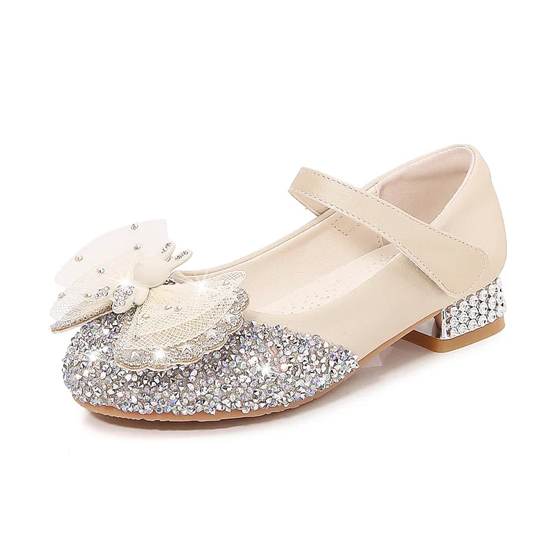 New Rhinestone Girls Princess Shoes Little Kids Crystal Princess Footwear Children Comfort Leather Shoes Girl Fashion High Heels