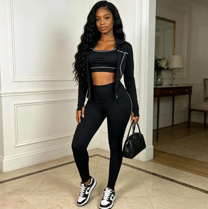 Pant Set Women 3 Piece Sets Sling Top Stand Neck Full Sleeve Shirt Zipper Skinny Pants Splice Y2k Streetwear Slim Fit Sport Work