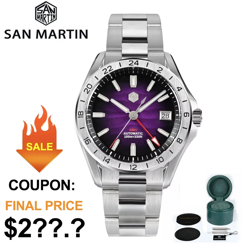 

San Martin SN0129 39mm Men Dive Watch NH34 GMT Automatic Mechanical Waterproof 100m Sapphire Purple Desert Texture Dial Watches