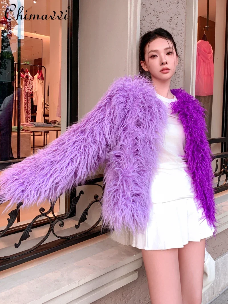 

Autumn and Winter New High-end Fashion Contrasting Color Splicing Fur Coat Women's Imitation Beach Sheep Fur Long-sleeved Coats