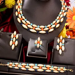 GODKI Trendy 4PCS Luxury Turquoise Statement Jewelry Sets For Women Wedding Cubic Zircon Indian African Dubai Bridal Necklace