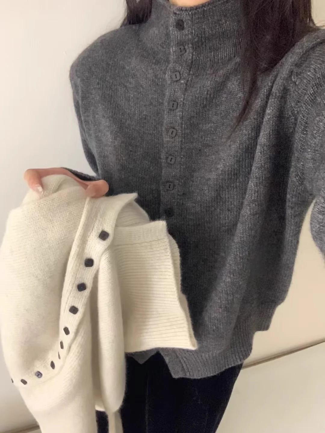 الكورية Sle الوقوف طوق زر واحد الصوف سترة مشغولة من الصوف ربيع جديد فضفاض التخسيس سترة ملابس خارجية تنفس الرطوبة... #5