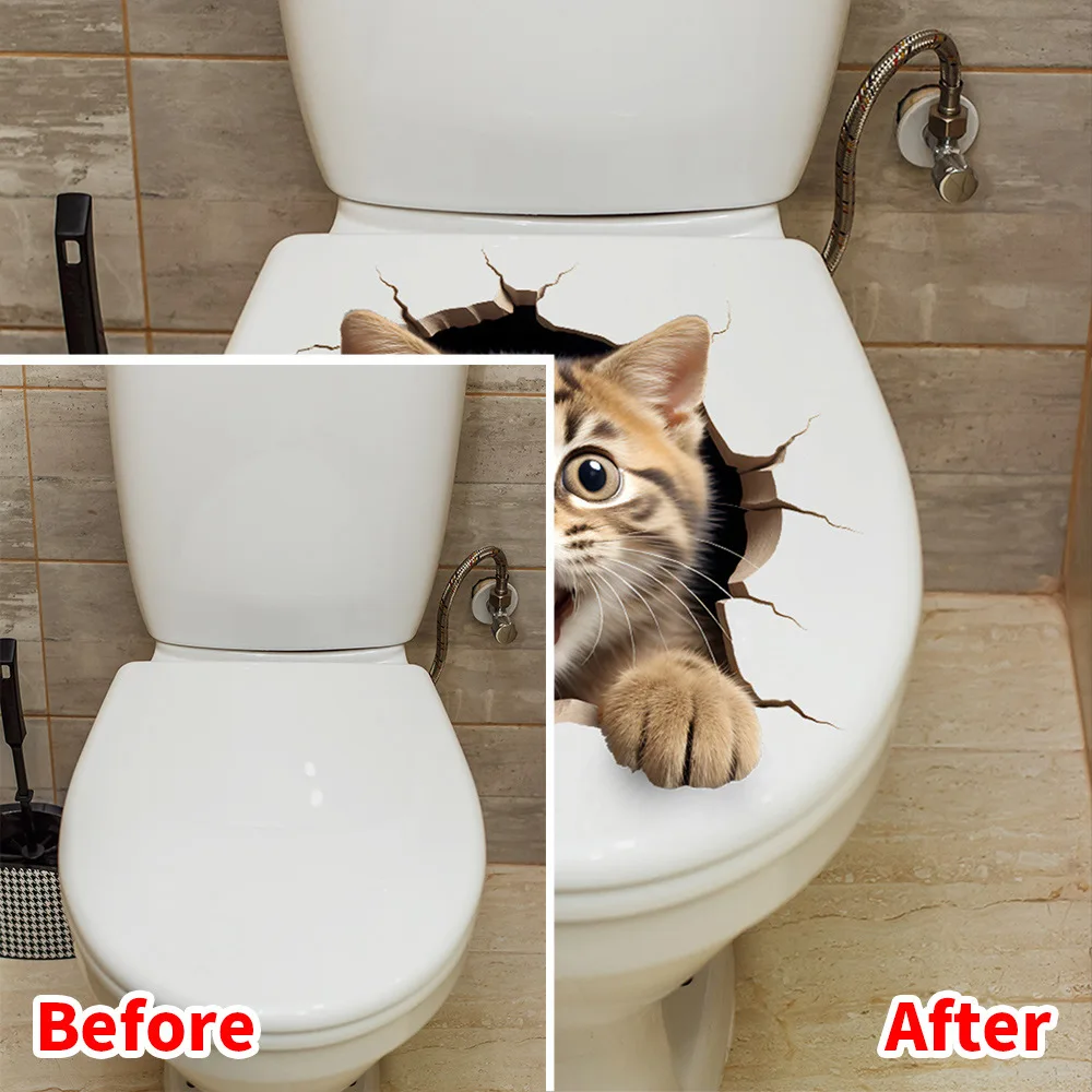 3D Cat Breakthrough Hole Toilet Stickers PVC Self-Adhesive Waterproof Moisture-Proof Bathroom Wall Decals
