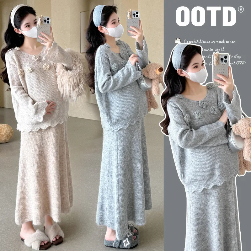 

Maternity Outfit Autumn Winter Soft Style Comfortable Minimalist Woven Flower Sweater Top and Knitted Midi Skirt Two Piece Set