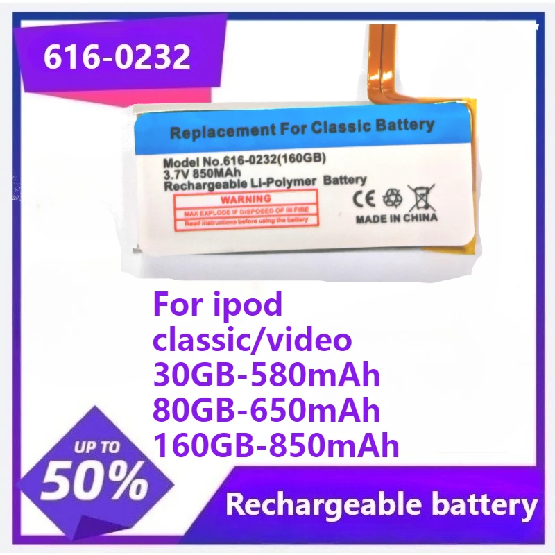 

616-0232 Battery For ipod Classic Gen 120GB 80GB Thin 160GB Thick For Ipod 5/5.5 Gen 30Gb 616-0229 Batería 580 650 850mAh