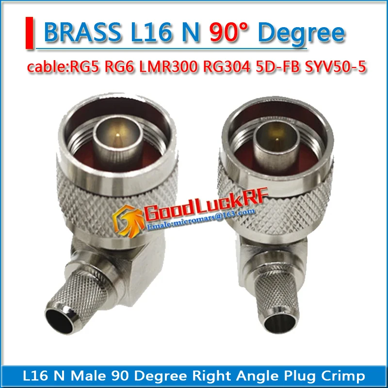 1X Pcs L16 N Male 90 Degree Right Angle Plug Crimp for RG5 RG6 LMR300 RG304 5D-FB Cable RF Coax Connector Socket Brass