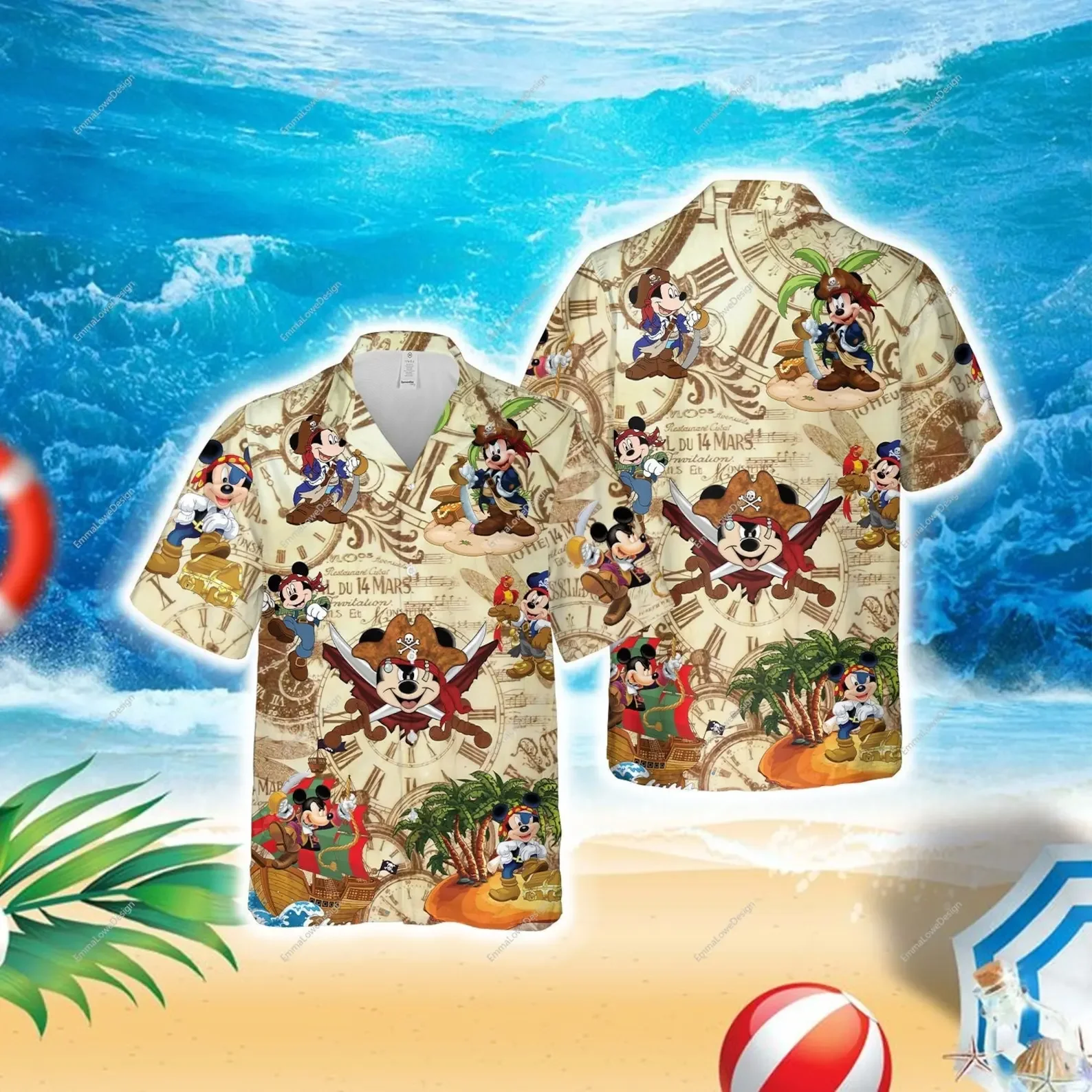 Mickey Pirates of the Caribbean Hawaiian Shirts for Men\'s Disney Cruise Line Hawaiian Shirts Casual Beach Short Sleeve Shirts