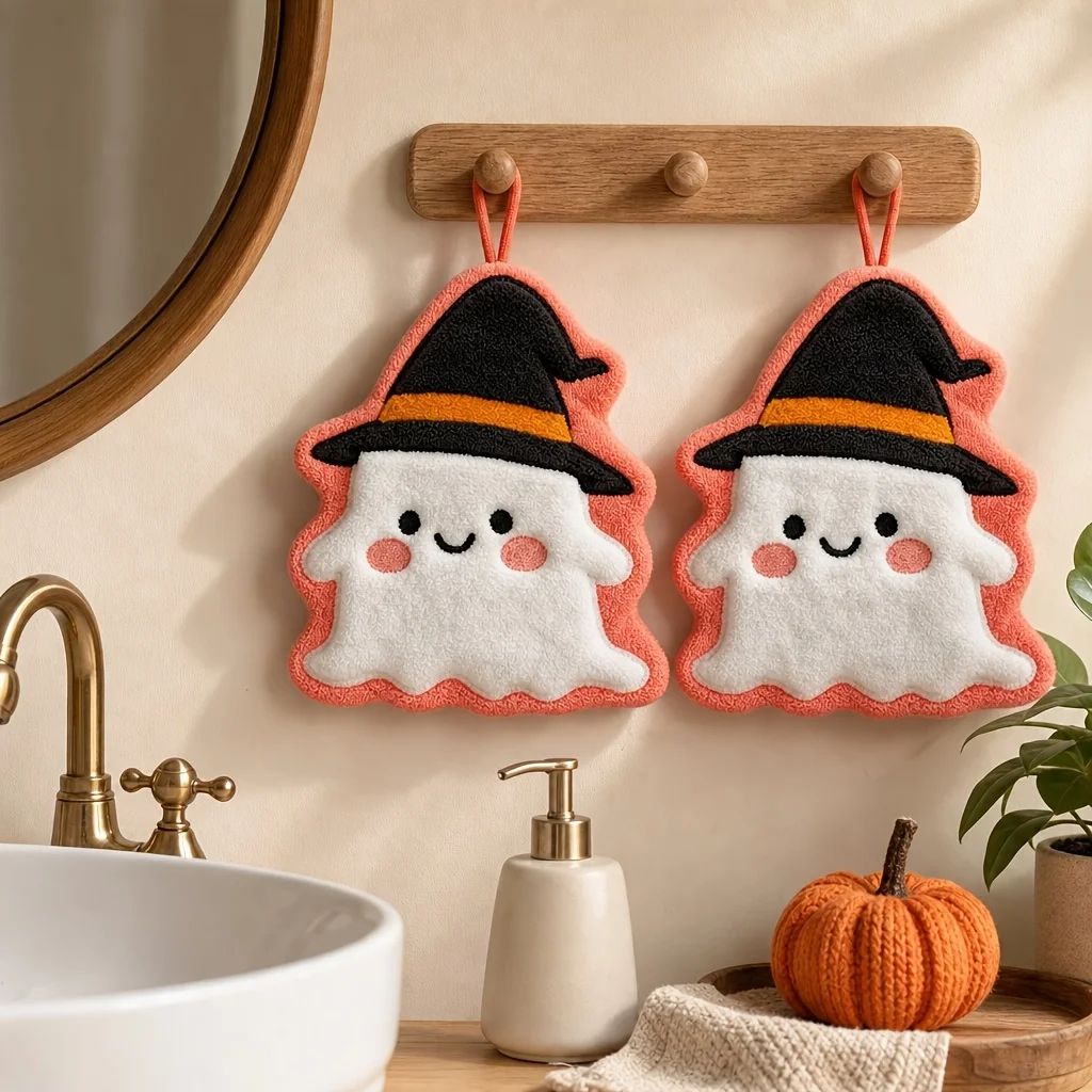 2-pack cute cartoon ghost hand towel Halloween themed coral fleece hanging style absorbent hand towel