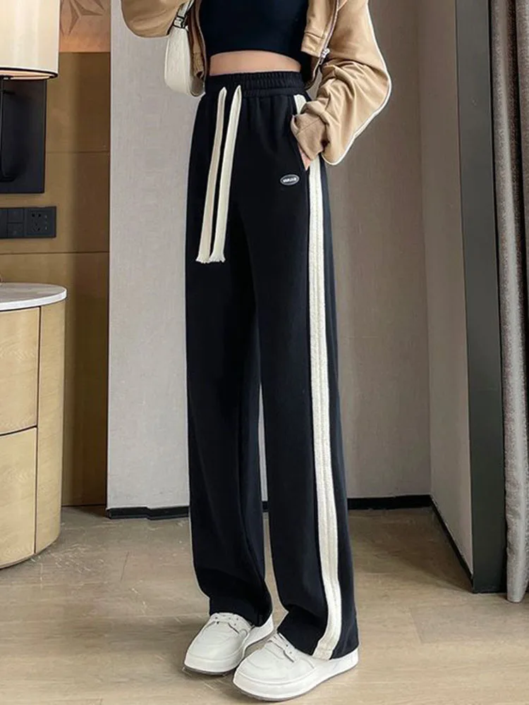 الجانب مخطط عالية الخصر مرونة الخصر السراويل المستقيمة الكورية موضة فضفاض واسعة الساق بنطلونات المرأة Sweatpants فضفاضة غير رسمية