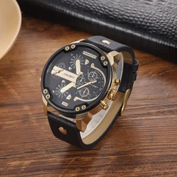 CAGARNY Original Brand Large dial 6820 dual time zone Leather Man Wristwatch Date Waterproof Fashion Casual Men's Quartz watches