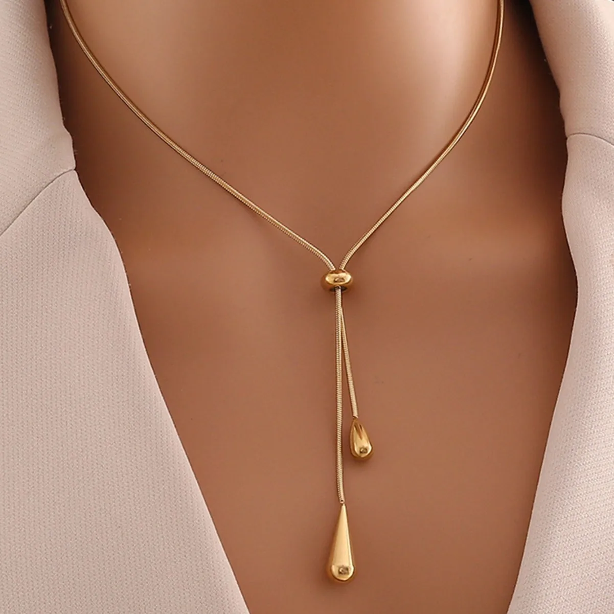 3-Piece Set 316L Stainless Steel adjustable drop earring necklace set,women new style golden color fashion jewelry, party gift - Detail 1