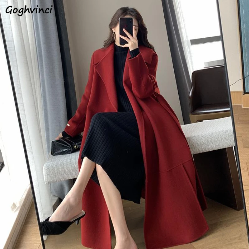 

Red Woolen Blends for Women Autumn Winter New Popular Simple French Style Feminine Graceful High Street Long Outerwear All-match