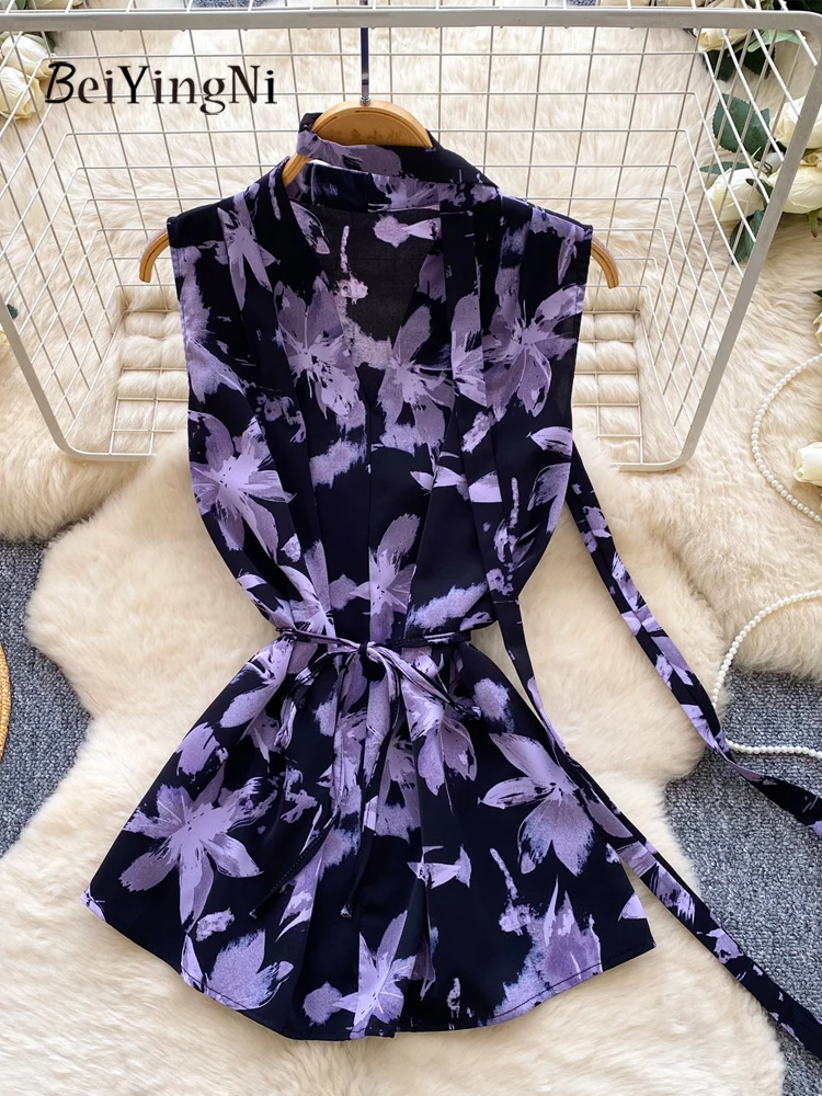 

Beiyingni Senior Classy Women's Blouses Floral Printed Casual Sleeveless Tops Female Summer Retro Commute Chiffon V-neck Shirts