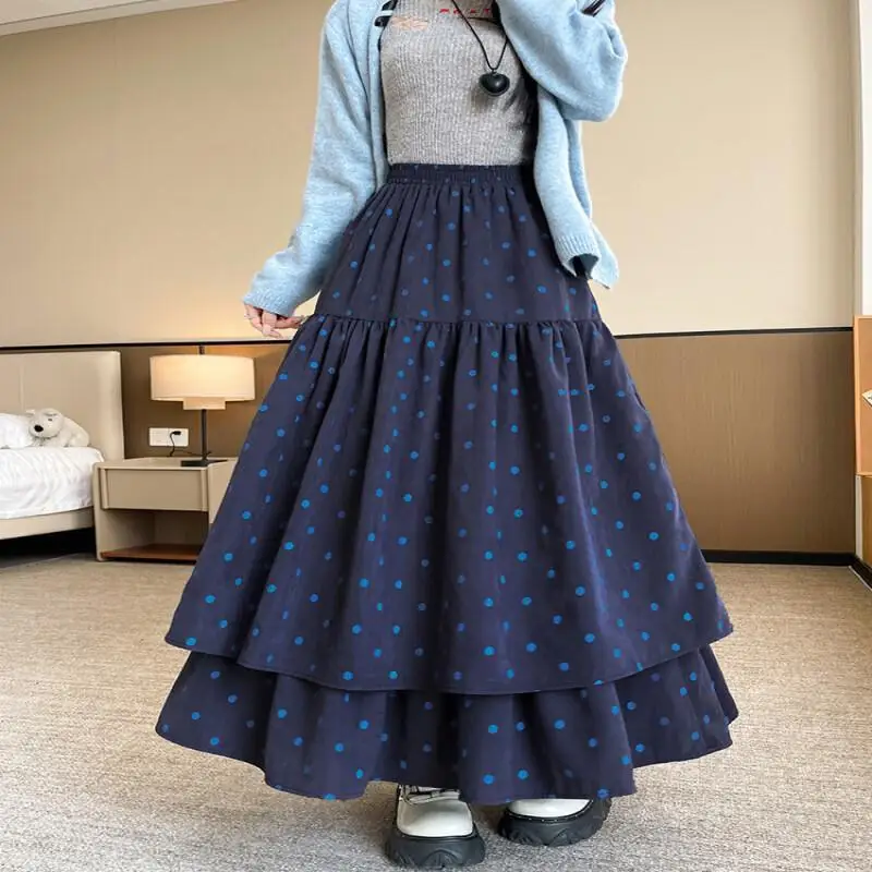 Semi Rok Vrouwen Herfst Winter Nieuwe Taart Rok Hoge Taille Dubbellaags Slanke Retro Bloemen Pluche Voel Grote Zoom Midi Rok Schattig