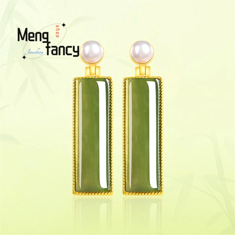 

S925 Silver Set With Natural Spinach Green Jadeite And Nephrite Long Earrings Luxury Quality Fashion Jewelry Exquisite Charms