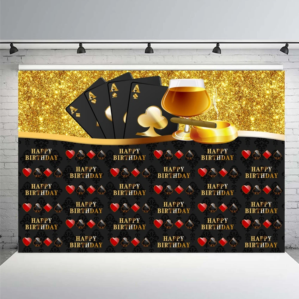 Las Vegas Casino Night Photography Backdrop Playing Card Golden Glitter Dice Casino Happy Birthday Party Photo Background ﻿Prop