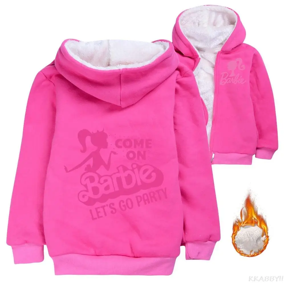 Barbie Baby Girls Cartoon Printed Children Plus Velvet Warm Boys Cotton Jacket Sweatshirt Thick Kids Clothing Jacket