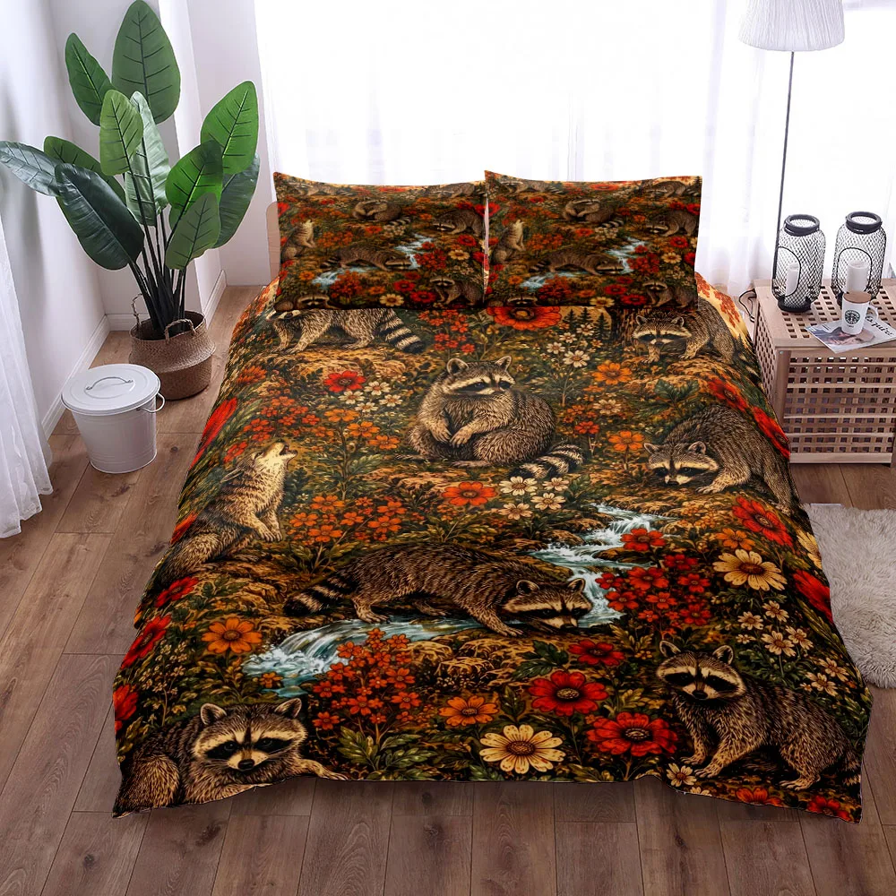 Vintage Meadow Flower Raccoons Duvet Cover Set,EU Single Double King US Twin Full Queen Size Bed Linen Set