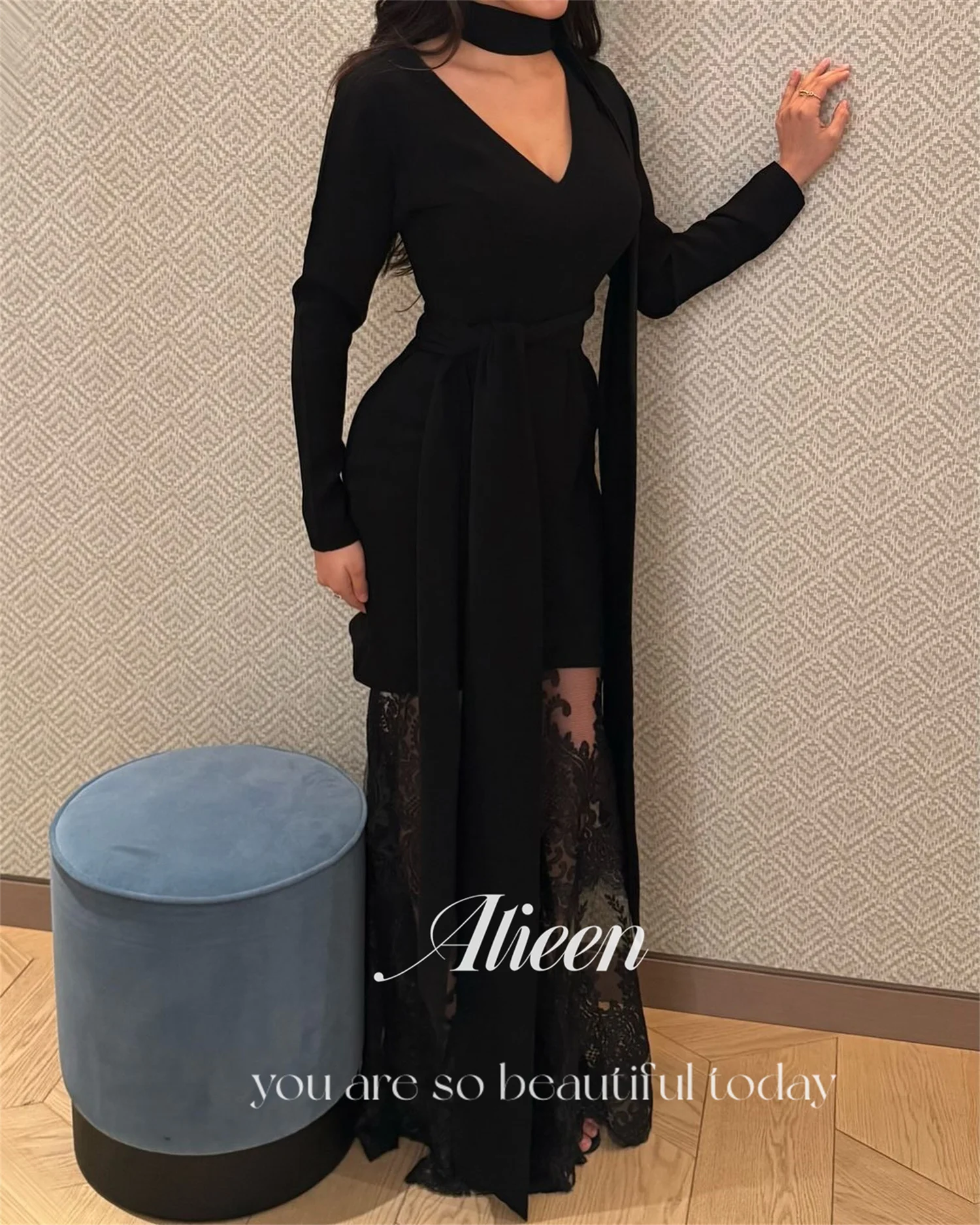 Aileen Zwarte Luxe Avondjurken voor Dames 2025, Luxe Aangepast فسات Mohamed 1914 Kant Vestidos De Festa Lange Mouwen Jurk Gala