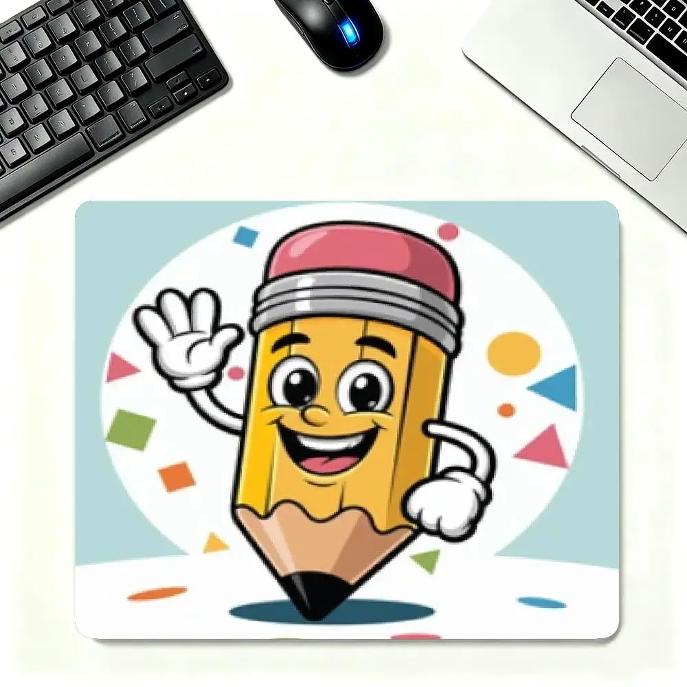 Playmat Large Size Cute Cartoon Pencil Character Waving Hand Colorful Geometric Background Non Slip Mousepad For Laptop Bedroom