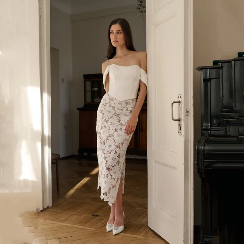 

Modern Ivory Mermaid Lace Wedding Dress Simple Off the Shoulder Strapless Sexy Backless with Lace Up Pleated Mid-calf Customized