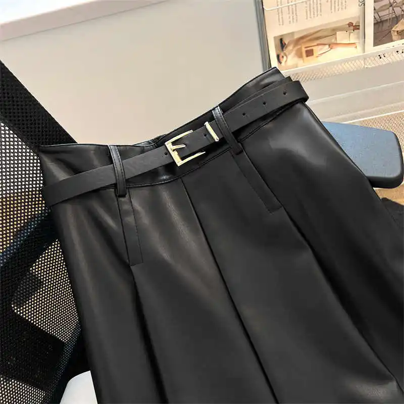 Temperament Leather Skirts For Women Autumn Winter High Waist Slimming A-Line Skirt With Belt Chic Solid Mid Length Clothing