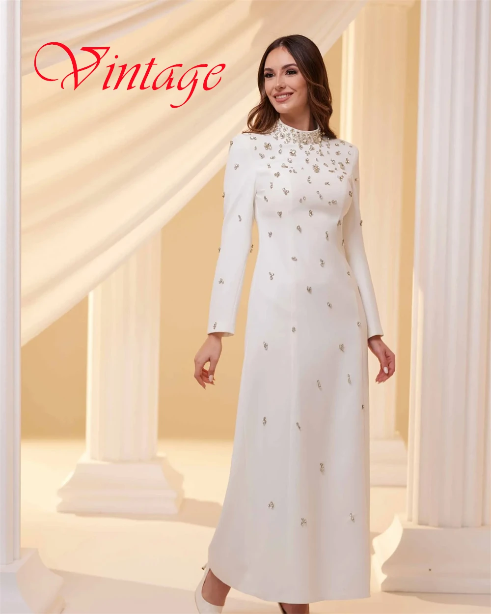 تخصيص كلاسيكي الأبيض جيرسي مساء اللباس مزاجه عالية العنق طويلة الأكمام سستة الظهر كريستال فساتين المناسبات الخاصة